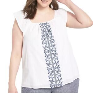 Lane Bryant Short Sleeve Square Neck White Blue Embroidered Top Size 16